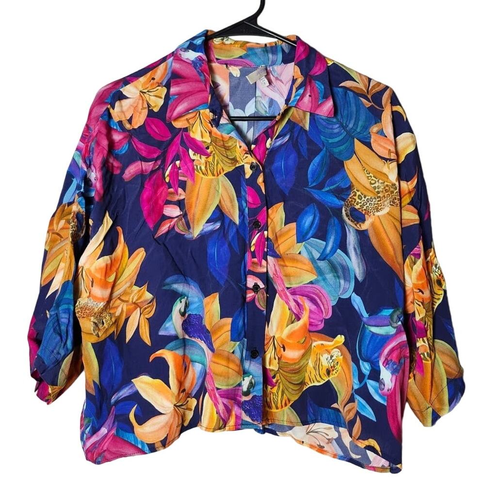 Lavender Brown Cropped Blouse Size Small Floral Cheetah Button Up